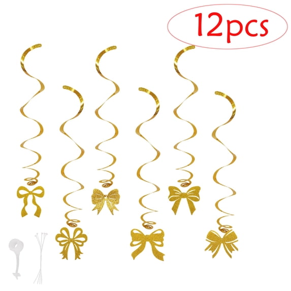 Sulaicai 12Pcs Gold Bow Party Hanging Swirls Decorations, Girl Bow Theme Birthday Decortions, Bows Decorations for Bows Birthday Baby Shower Bridal Shower Bachelorette Party Decor