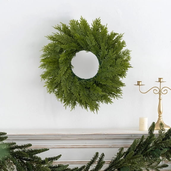 Sulaicai 15'' Real Touch Artificial Cedar Wreath, Faux Christmas Wreaths for Front Door, Faux Pine Green Wreath for Home, Holiday, Fireplace, Mantle,Wall, Windows, Xmas, Outdoor Decoration