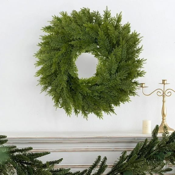 Sulaicai 17'' Real Touch Artificial Cedar Wreath, Faux Christmas Wreaths for Front Door, Faux Pine Green Wreath for Home, Holiday, Fireplace, Mantle,Wall, Windows, Xmas, Outdoor Decoration