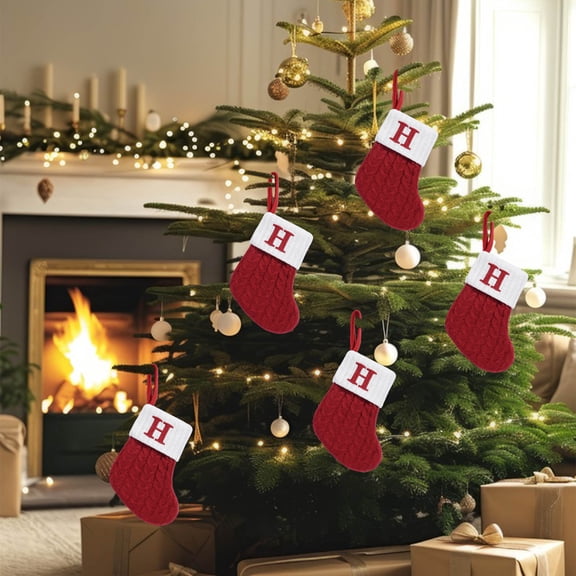 Sulaicai 1Pcs Christmas Stockings with Initials, 7 Inch Small Embroidered Letter Knit Red White Christmas Stocking for Family Holiday Decorations and Xmas Tree Fireplace (H)
