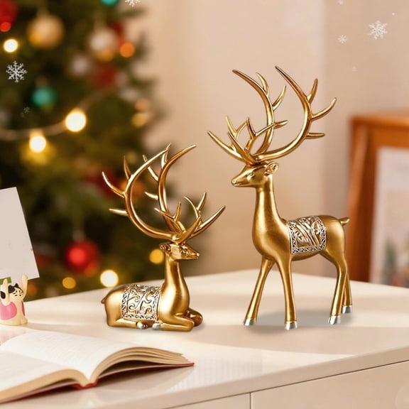 Sulaicai 2 Pcs Reindeer Christmas Figurines, Tabletop Reindeer Small Christmas Decor, Resin Standing and Sitting Deer Figures Decorations for Xmas Holiday Office Living Room Decor (Gold)