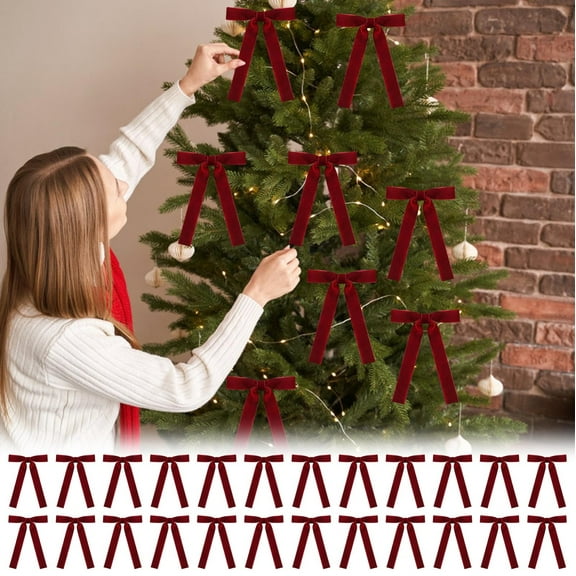 Sulaicai 24 Pcs Wine Velvet Bows Christmas Tree Ornaments - 7" x 5" Vintage Velvet Ribbon Bows for Tree Garland Wreath Gift Wrapping Indoor Xmas Decorations (Wine)