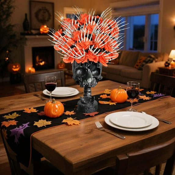 Sulaicai 3 Pcs Halloween Black Faux Rose Artificial Flowers with Skull Skeleton Hand Purple Flower Bouquets Black Leaves Branches Fake Rose for Halloween Party - Orange