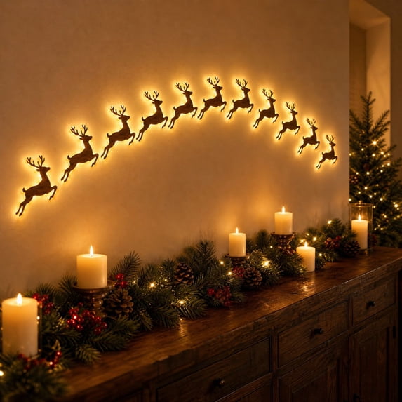 Sulaicai 3D Light-Up Wooden Reindeer Christmas Decor (12-Pack), Warm Backlit Peel & Stick Entryway Glow, 7 Inch Wood LED Reindeer Christmas Wall Decor for Living Room, Bedroom, Fireplace