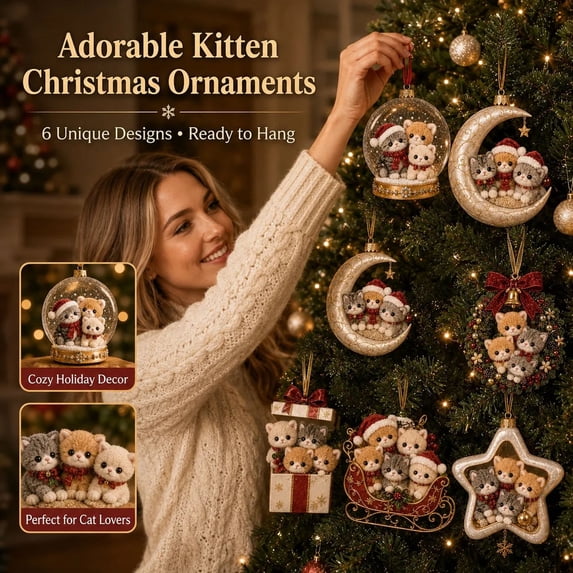 Sulaicai 6 Pack Cute Kitten Christmas Hanging Ornaments, 2D Acrylic Christmas Cat Holiday Pendant, Assorted‑Style Festive Tree‑Decor Keepsake for Indoor Home Xmas Decoration