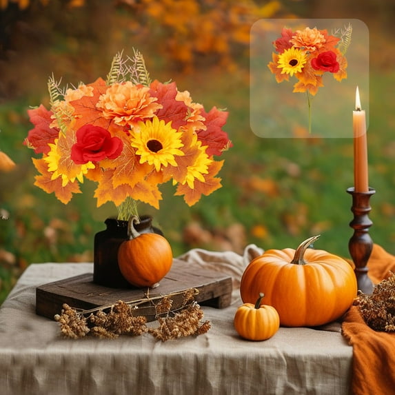 Sulaicai Artificial Fall Flowers - 1Pcs Floral Arrangement Fake Floral Stems Autumn Maple Leaves Branches Sunflower Fall Silk Bouquets for Thanksgiving Home Table Wedding Decor