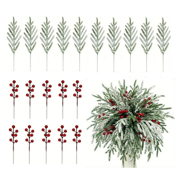 Sulaicai Artificial Norfolk Pine Branches with Red Berry, Christmas Greenery Picks Fake Norfolk Pine Stems Tree Needle Sprigs for Vase Filler DIY Craft Garland Home Decorations (20 pcs)