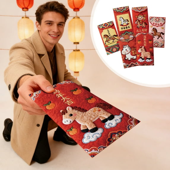 Sulaicai Chinese New Year Red Envelopes 2026, Festive Lucky Money Bags with Cute Horse Designs & English/Chinese Blessings, Lunar New Year Gift Cash Holders, 6pcs