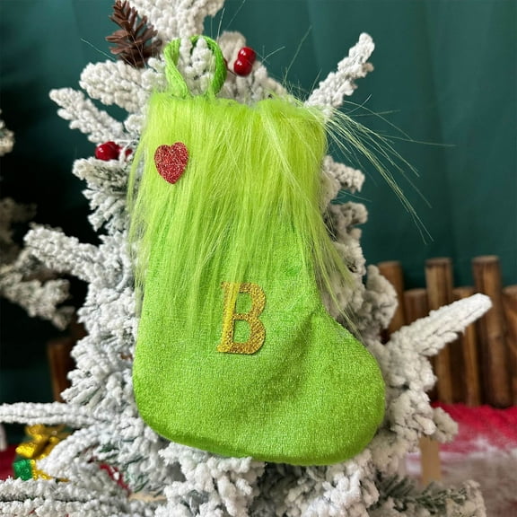 Sulaicai Christmas Stockings, Green Monogram Christmas Stocking, 7 Inch Knitted Xmas Stocking, Personalized Initial Christmas Candy Gift Bag, Letter A to Z Xmas Stocking (B)