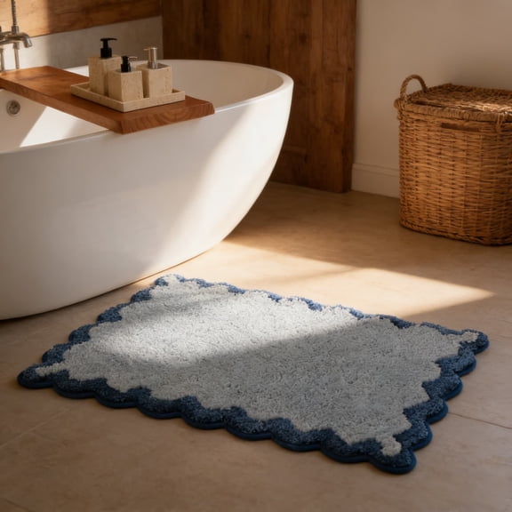 Sulaicai Cute Scalloped Bath Mat, 20x32 inch Plush Microfiber Scallop Bathroom Rugs Non Slip Washable Quick Dry Absorbent, Bathmat Bath Rug Carpet for Shower Stall Kitchen Floor Entrance, Blue
