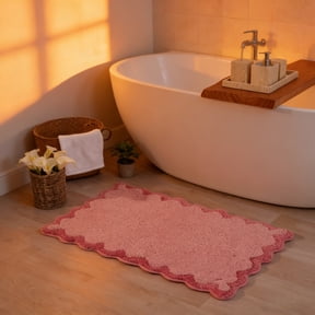 Sulaicai Cute Scalloped Bath Mat, 20x32 inch Plush Microfiber Scallop Bathroom Rugs Non Slip Washable Quick Dry Absorbent, Bathmat Bath Rug Carpet for Shower Stall Kitchen Floor Entrance, Pink