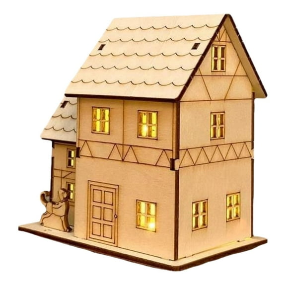 Sulaicai DIY Christmas Village Houses,1 set LED Light-up Wooden House, Unfinished Rustic Holiday Village Decor, Perfect for Christmas Table Centerpieces, Xmas Party Decorations,DIY Crafts(E)