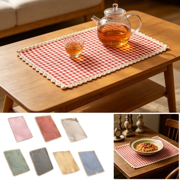 Sulaicai Farmhouse Boho Style Rectangular Plaid Placemat, 12 x 16 Inch Lace Edge Table Mat for Holiday Home Kitchen Dining Decor