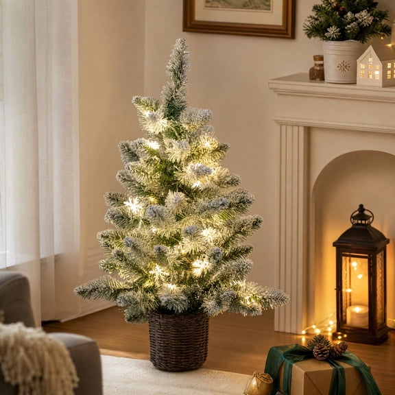 Sulaicai Flocked Pre-Lit Tabletop Christmas Tree, 24 Inch Warm White Lighted Branches with Woven Basket Base, Holiday Display for Mantel Shelf and Entryway Table, Green