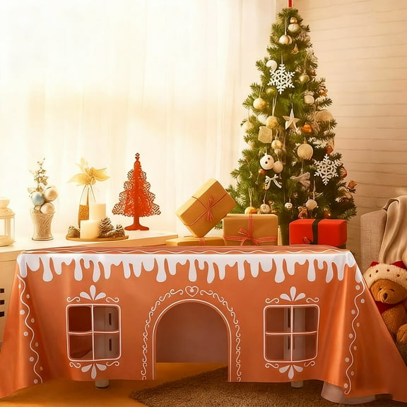 Sulaicai Gingerbread House Christmas Tablecloth, Holiday Painting Table Cover with Playful Cut-Out Windows, Festive Winter Pattern Cloth for Party Dining Room Kitchen Decor (47" x 59")