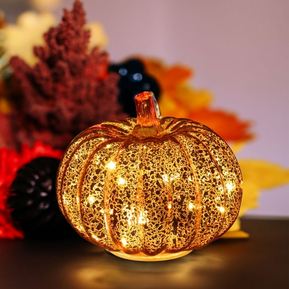 Sulaicai Glass Pumpkin with Lights, Lighted up Glass Pumpkins for Fall Halloween Thanksgiving Decorations Battery Operated, Gold, 6.4x5.5 inch