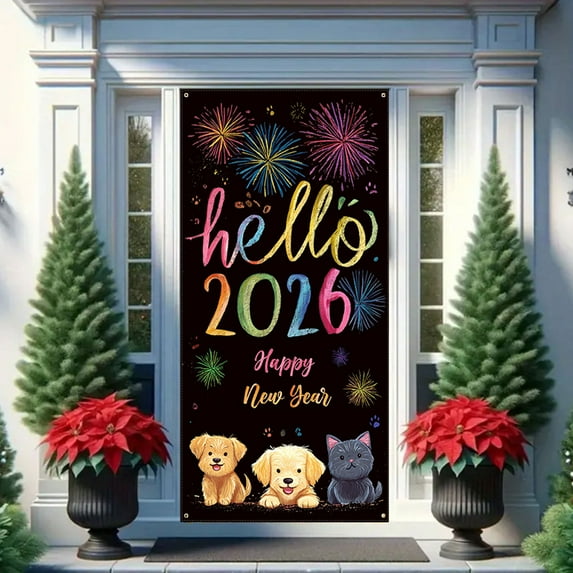 Sulaicai Happy New Year Door Banner - Hello 2026 Door Cover Happy New Year Welcome Door Cover Decorations New Years Eve Party Supplies 70.8 x 35.4 Inch