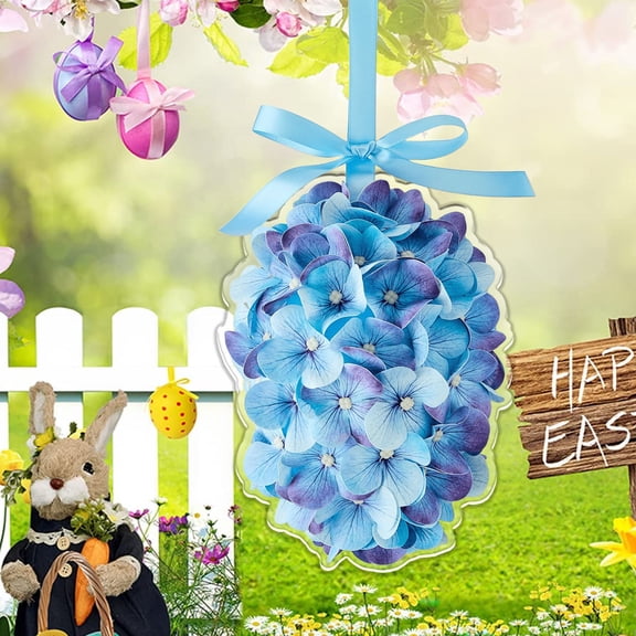 Sulaicai Hydrangea Egg Hanging Decoration - 3.15'' Acrylic Easter Egg Ornament with Blue Hydrangea Floral Design, Spring Easter Hanging Decor for Tree, Wreath, Door, Window and Home Decor