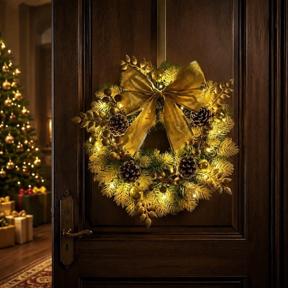 Sulaicai Lighted Gold Christmas Wreath with LED Lights, Cones Balls Bow for Front Door