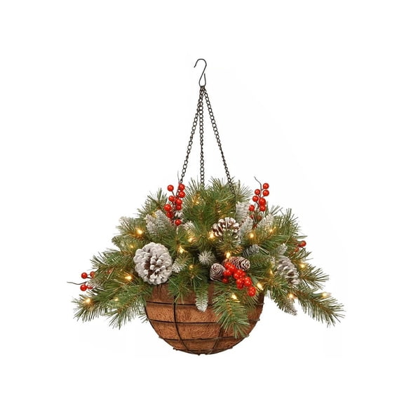 Sulaicai Pre-Lit Artificial Christmas Hanging Basket, Outdoor Decoration with Pine Red Berries Pinecones, Festive Hanging Planter with LED Lights for Outside Porch Front Door, 1PC