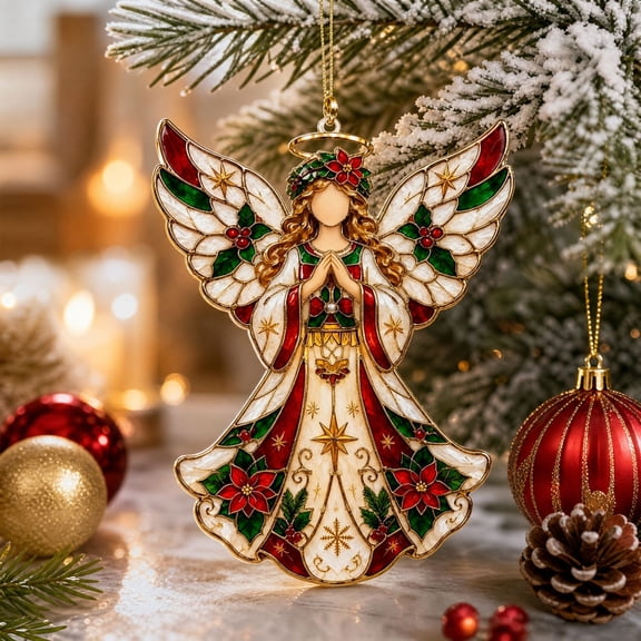 Sulaicai Rustic Praying Angel Christmas Ornament, Acrylic Stained Glass Style with Holly Poinsettia, Hanging Decoration for Christmas Tree, Fireplace, Holiday Keepsake, Red