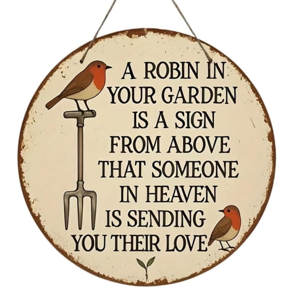 Sulaicai Rustic Round Metal Hanging Sign, Vintage Robin Bird Garden Themed Wall Plaque, Distressed Farmhouse Style Memorial Decor for Front Door Porch Yard Home Wall