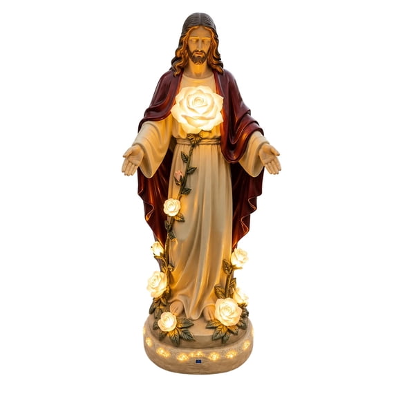 Sulaicai Sacred Jesus Garden Light, Solar Outdoor Jesus Statue with LED Glowing Roses, Weatherproof Christian Figurine, Religious Yard Patio Decor & Spiritual Family Gift