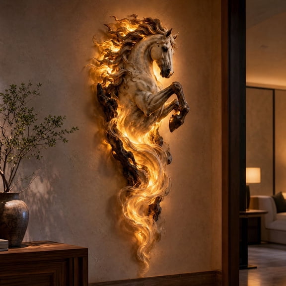 Sulaicai Sculptural Fiery Rearing Horse Head Wall Sconce, Resin Flame Art Home Accent, Glowing Modern Decor for Living Room Bedroom Hallway Entryway