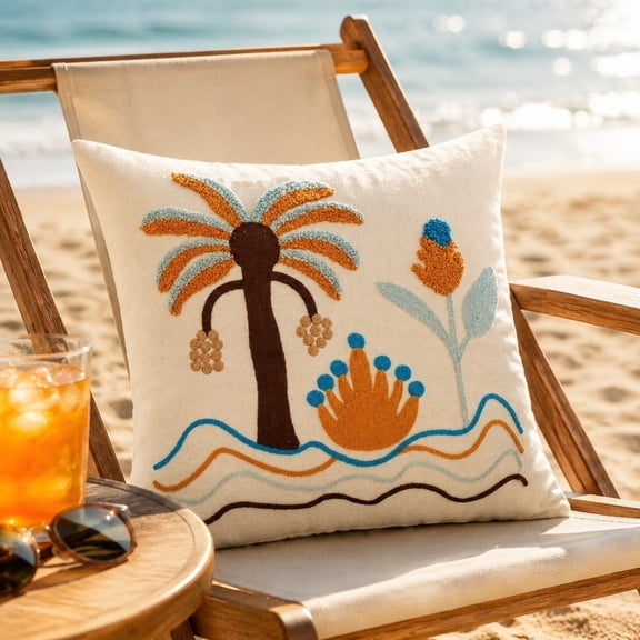 Sulaicai Single Boho Tropical Palm Tree Sunset Embroidered Pillow Cover, Coastal Wavy Sea Cushion for Home Patio Decor