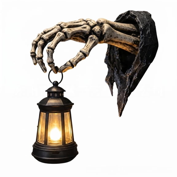 Sulaicai Skeleton Hand Lantern Shelf Light, Gothic Skeleton Arm Wall Sconce with Hanging LED Lantern, Spooky Halloween Wall Decor for Indoor Party Themed Room