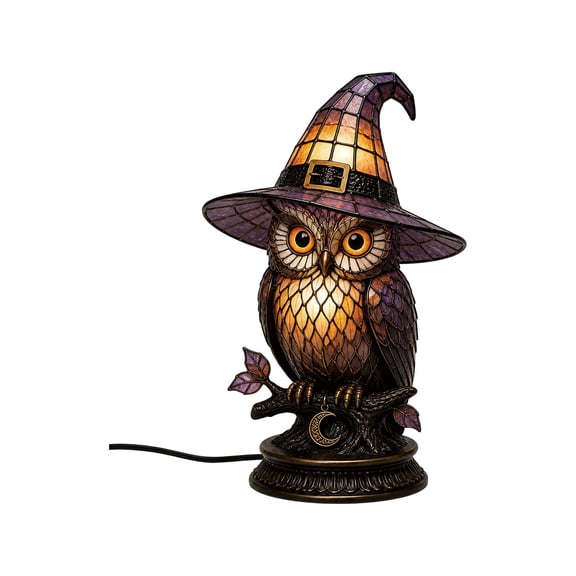 Sulaicai Stained Glass Owl Witch Hat Lamp Halloween Decor, USB Powered Gothic Witch Hat Night Light, Handcrafted Retro Resin Witch Lamp, Halloween Decorations for Bedroom & Bookshelf