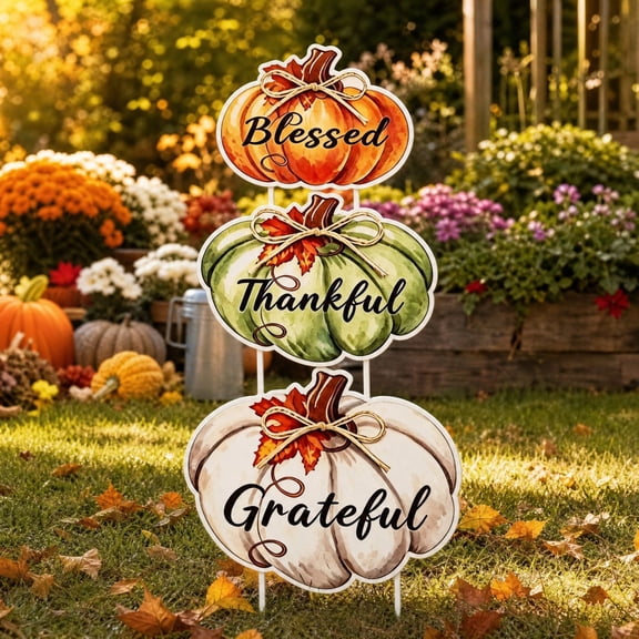 Sulaicai Thanksgiving Pumpkin Yard Signs 3 Pcs, Fall Garden Stakes with 6 Sticks, Backyard Patio Front Yard Decoration, Holiday Thanksgiving Decor