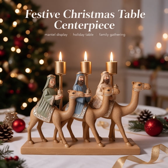 Sulaicai Three Wise Men on Camel Christmas Candle Holder, Nativity Scene Three Kings Candle Stand, Religious Tabletop Holiday Decor for Home Mantel Church Christmas Decoration