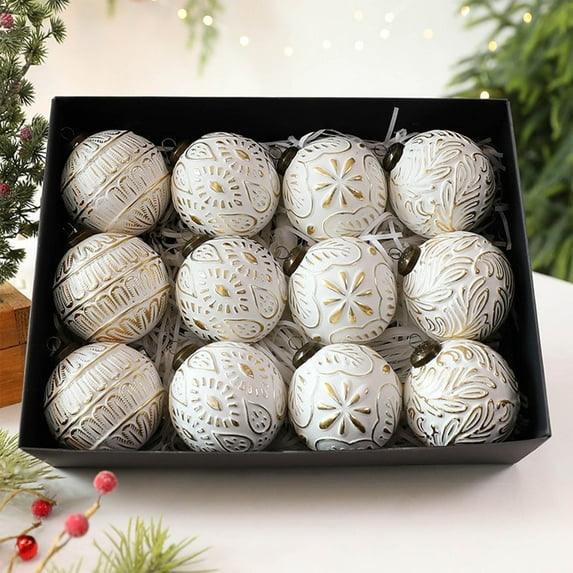 Sulaicai Vintage Christmas Ornaments for Tree Decorations - Rustic Antique Christmas Ball Ornaments for Indoor Holiday Xmas Decor - 80mm 3.15 Inch, Pack of 12 (White)