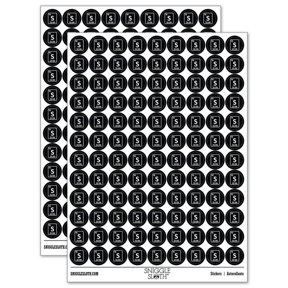 Sulfur Periodic Table of Elements Science Chemistry 200+ Round Stickers - Black - Matte Finish - 0.50" Size