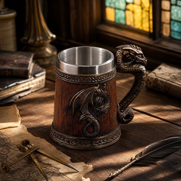Sulgyt Dragon Barrel Resin Beer Mug Tankard – Vintage Drinkware Cup for Beer, Coffee, Juice, Ale & Beverages, Rustic Barware Silver