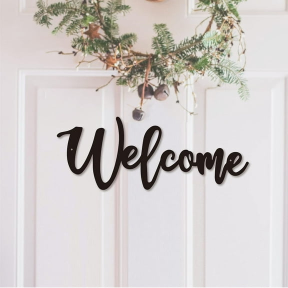 Sulgyt Metal Welcome Sign Welcome Script Wall Sign Front Door Welcome Sign Welcome Sign Wall Decor for Front Door Home Gallery Wall Decorations, Black, 15.7X5.9Inch