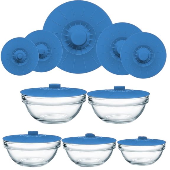 Sulgyt Silicone Bowl Lids Set Of 5 Reusable Suction Seal Covers for Bowls, Pots, Cups, Food Safe, Natural Grip, Interlocking Handles for Easy Use and Storage