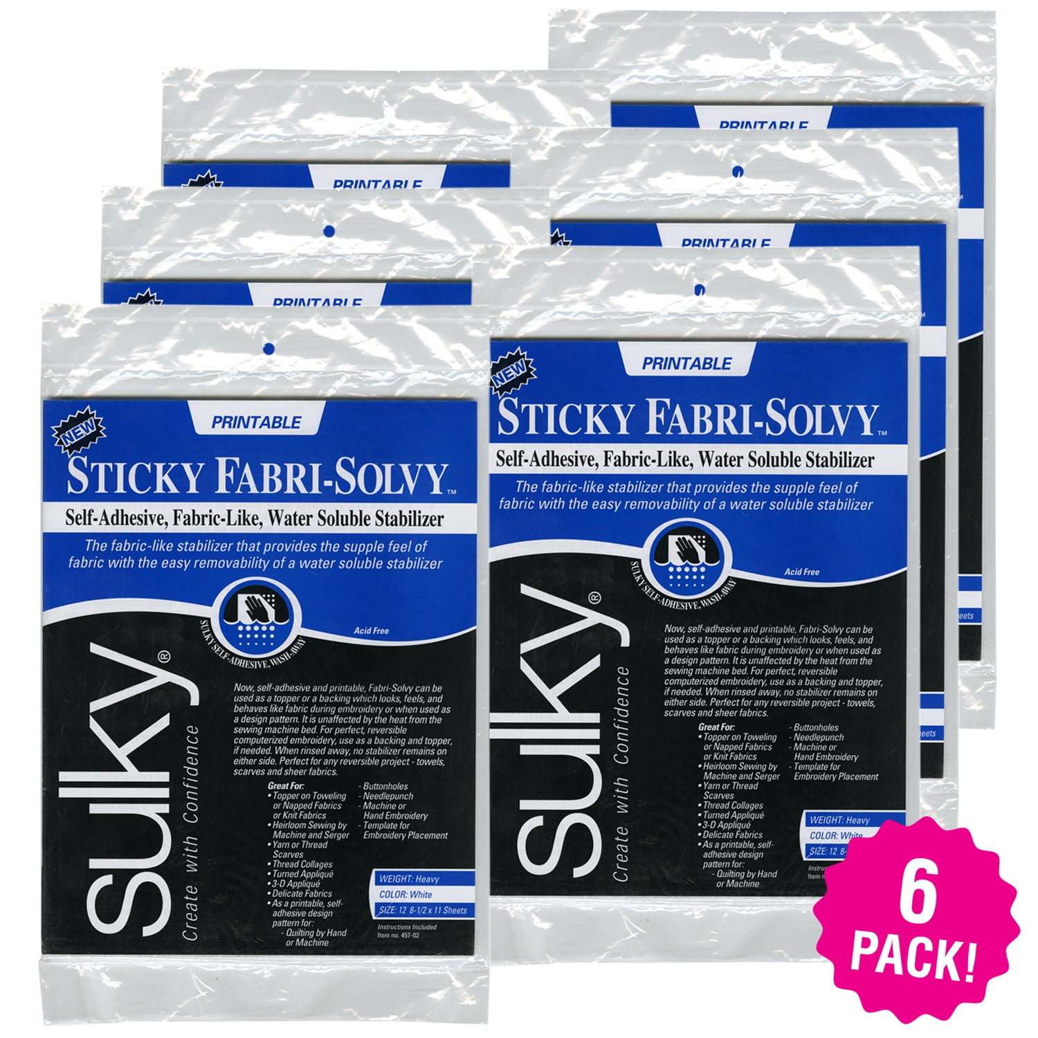 Sulky Sticky FabriSolvy Stabilizer 8.5"X11" 12 count, Multipack of 6