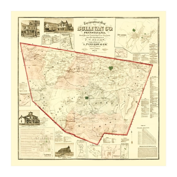 Sullivan County Pennsylvania Art, 1872 Vintage Map of Sullivan County PA History Wall Decor Gift, Old Sullivan County PA Map - 42" x 42" Unframed Print