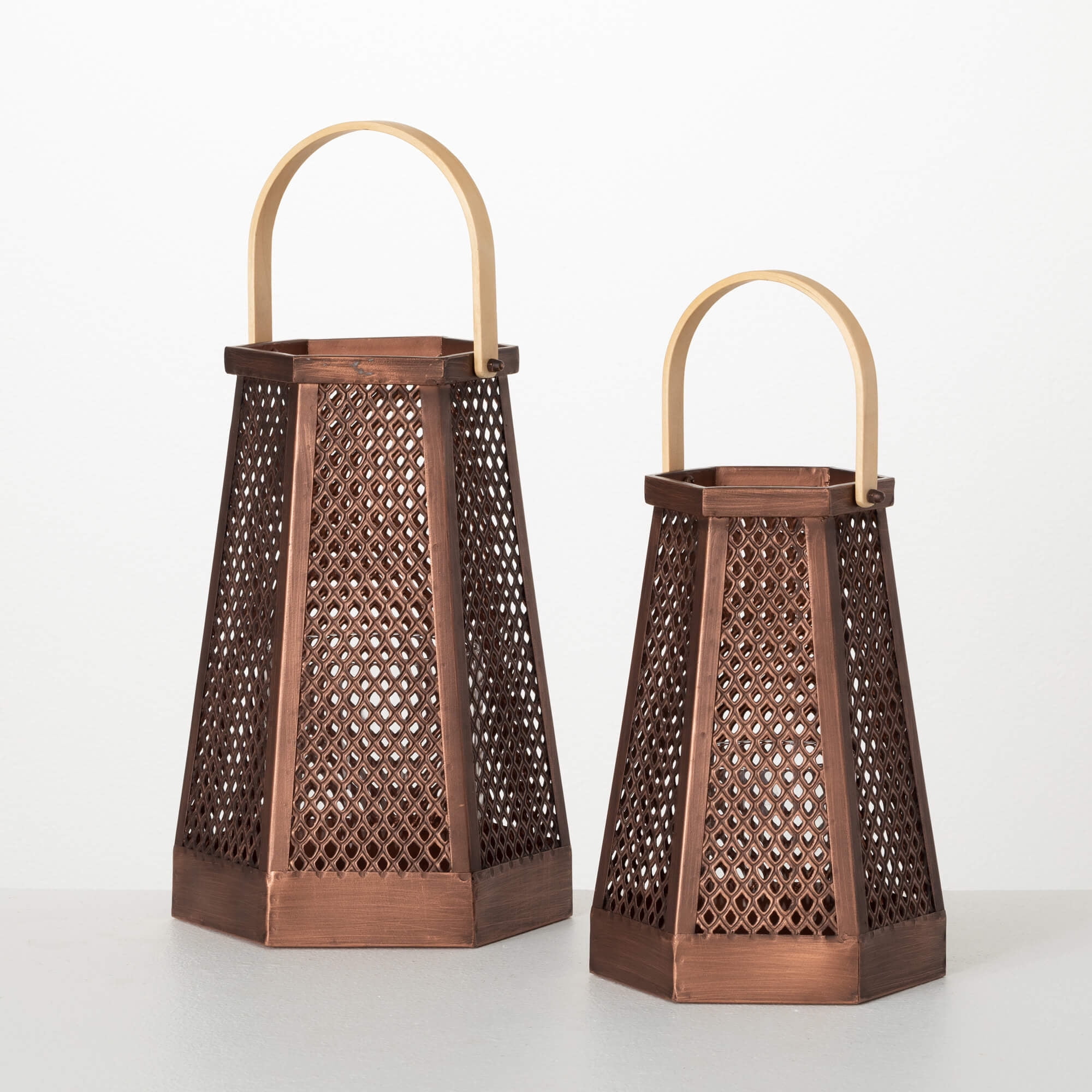 Sullivans 12.5" & 10.25" Pierced Metal & Wood Lanterns Set of 2