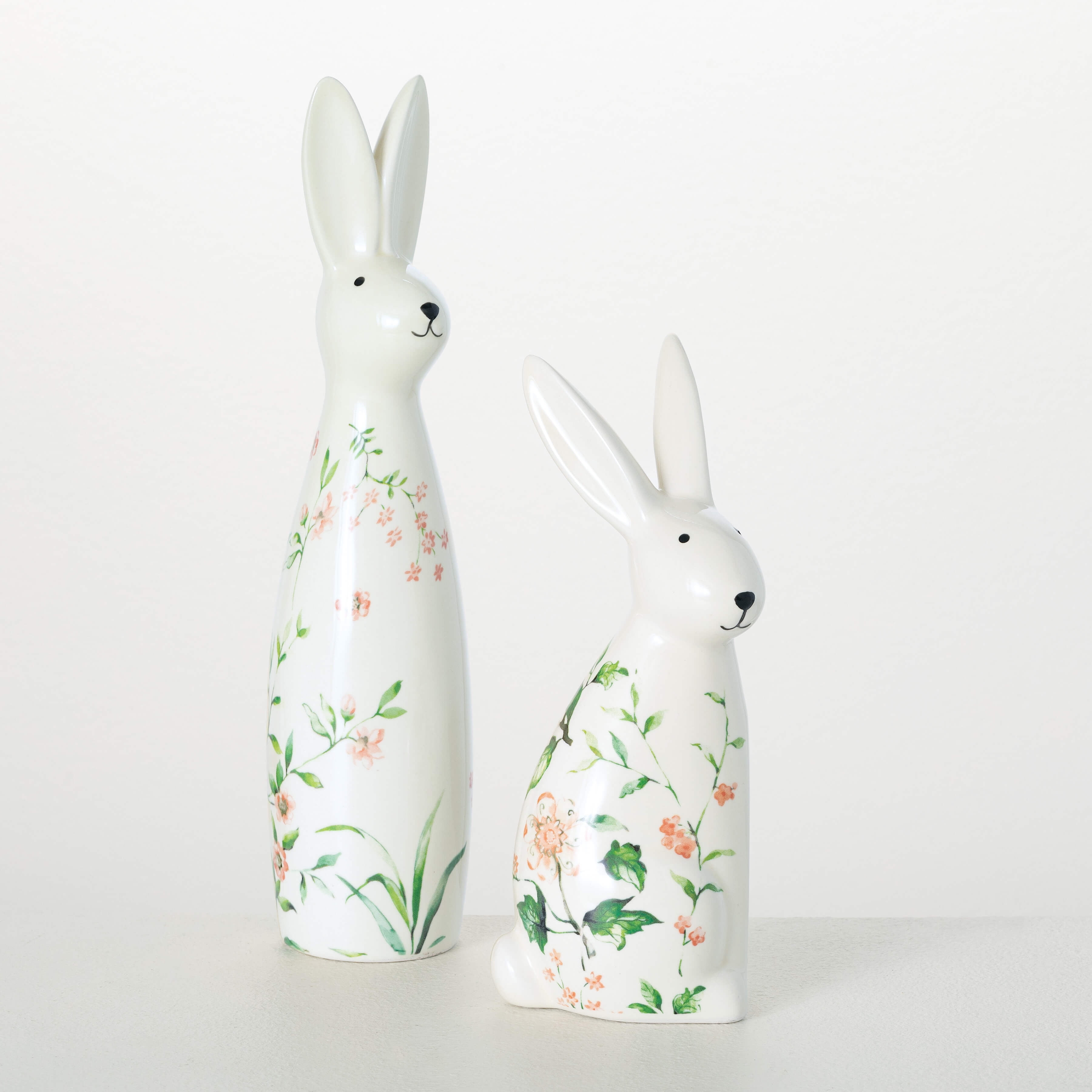 White Ceramic Floral Bunny Figurine Set, 12" and 9"