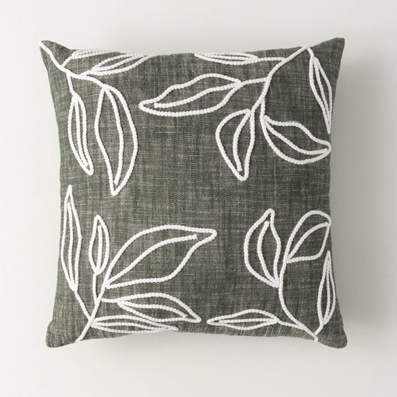 Sullivans 18" Green Embroidered Leaf Pillow, Cotton