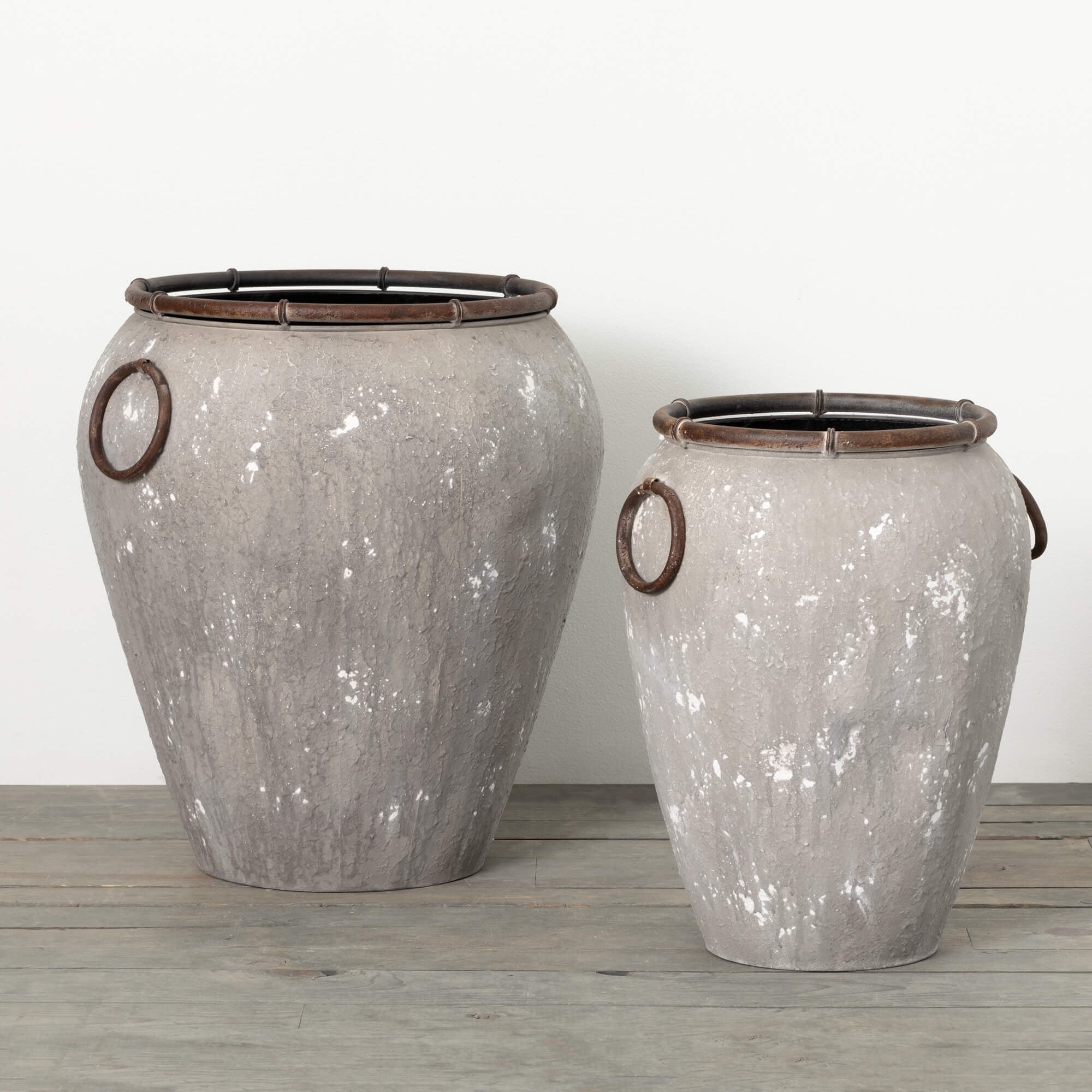 Rustic Gray Metal Urn Planter Set with Handles, 2-Pack