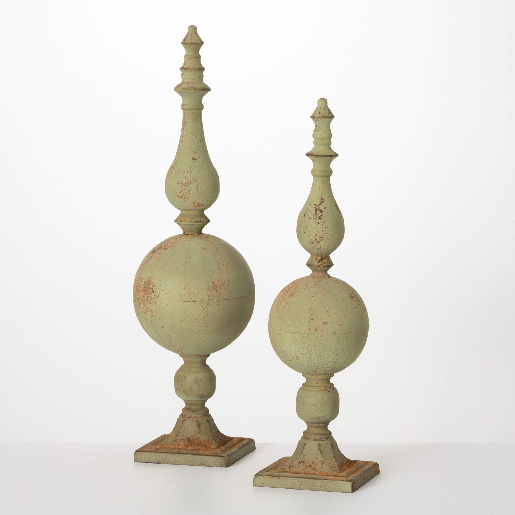 Patina Green Metal Finial Sculpture Set, 28" & 23.75"