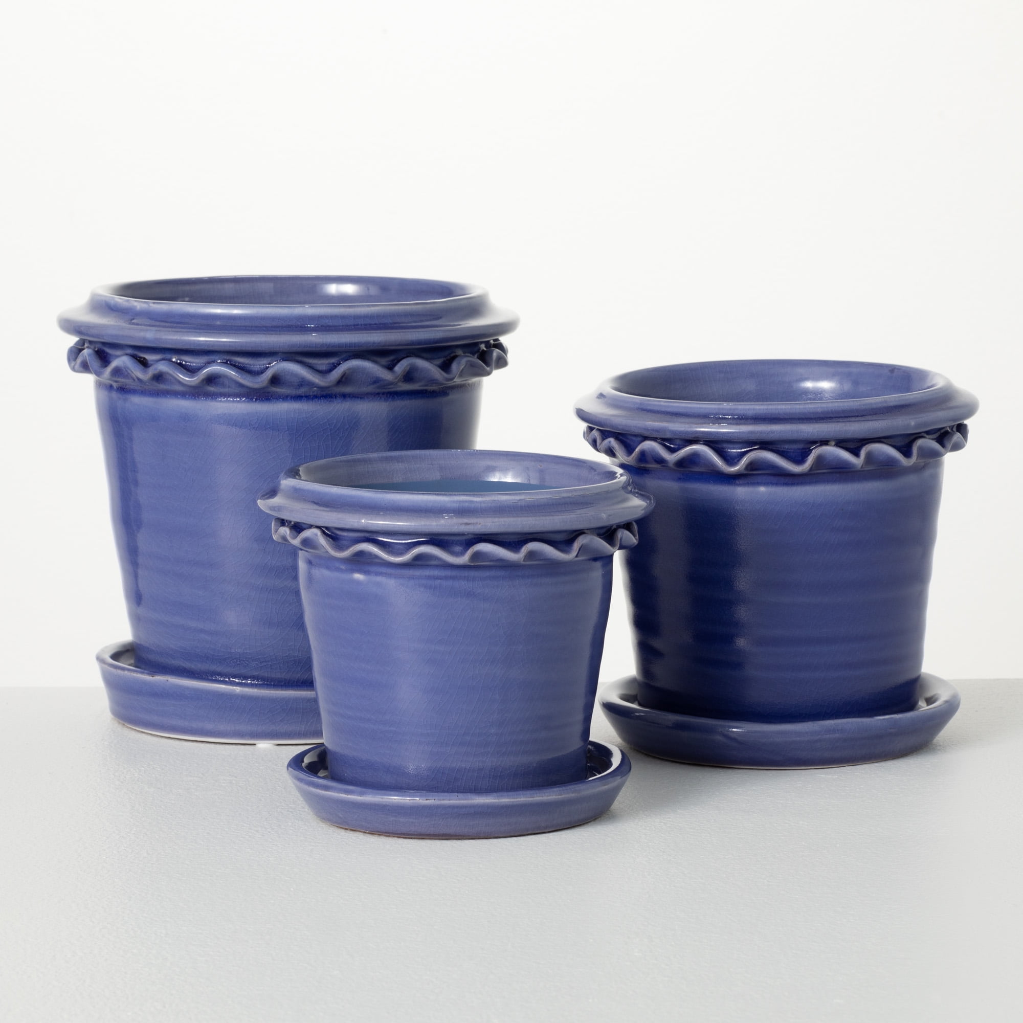 Set of 3 Indigo Blue Ceramic Round Planters with Saucers