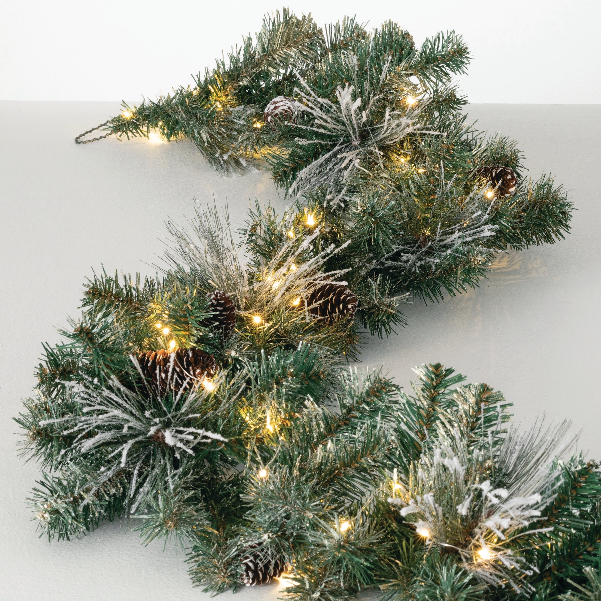 9-Foot Pre-lit Flocked Pine Christmas Garland with Pinecones and Gold Accents