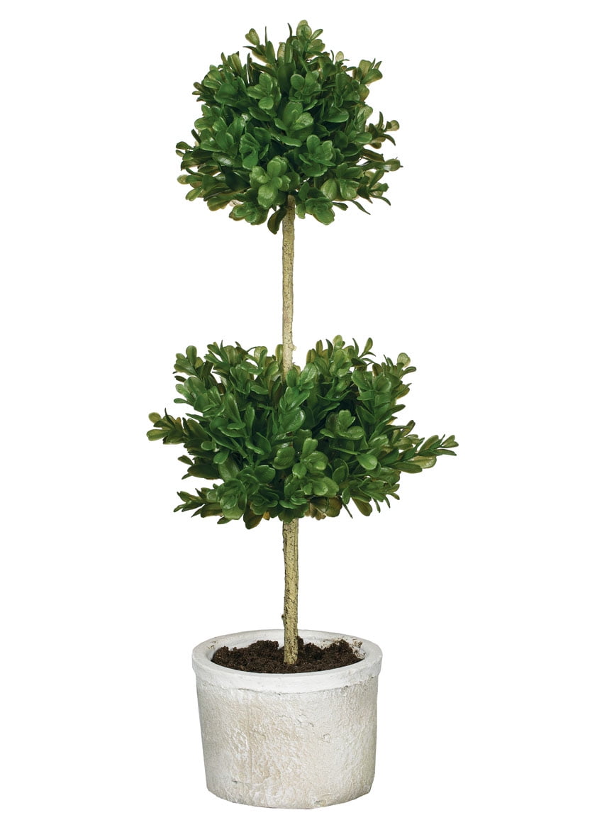 Green Plastic Double Boxwood Topiary in White Pot