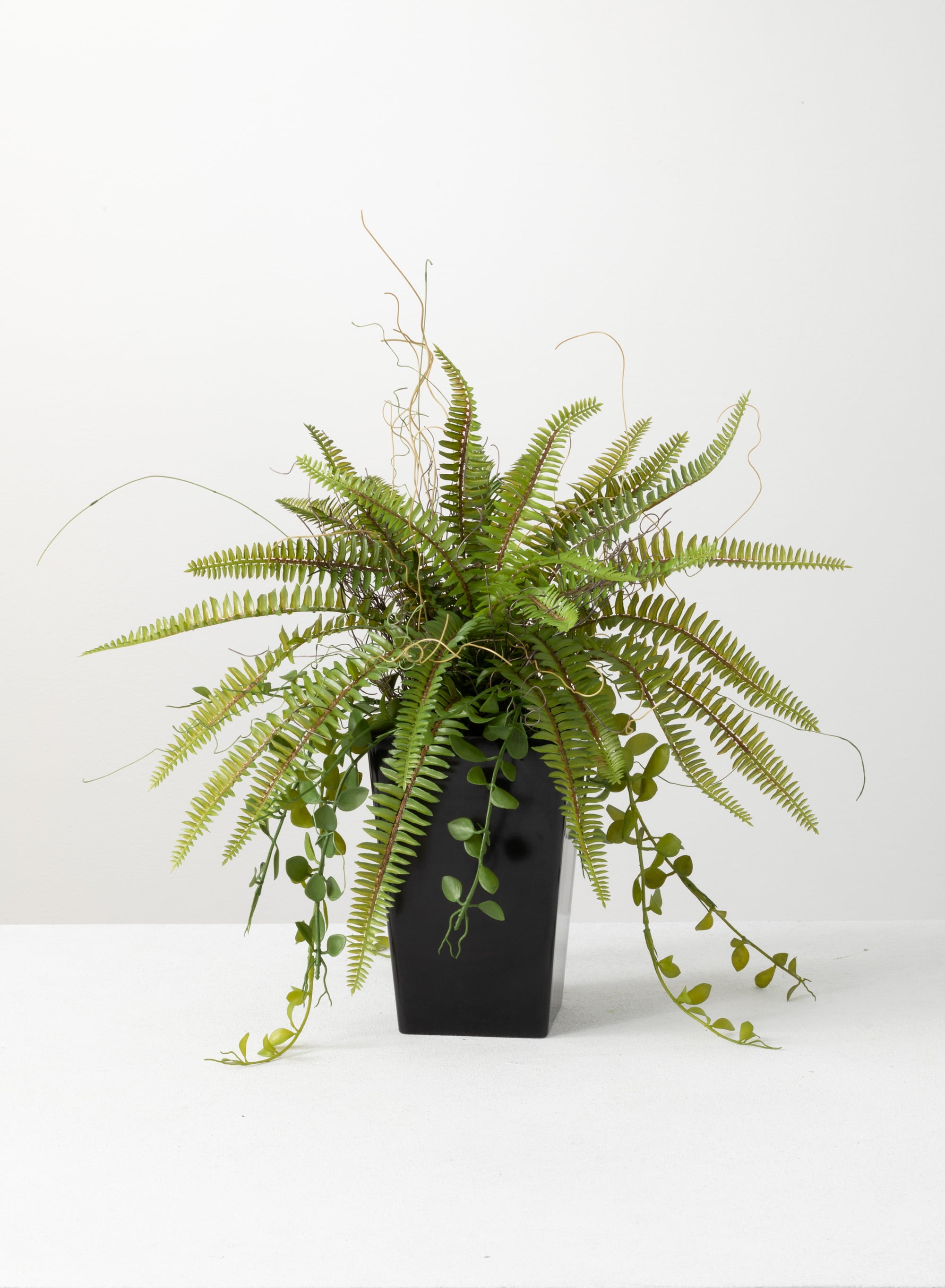 Outdoor Green Plastic Fern in Black Pot