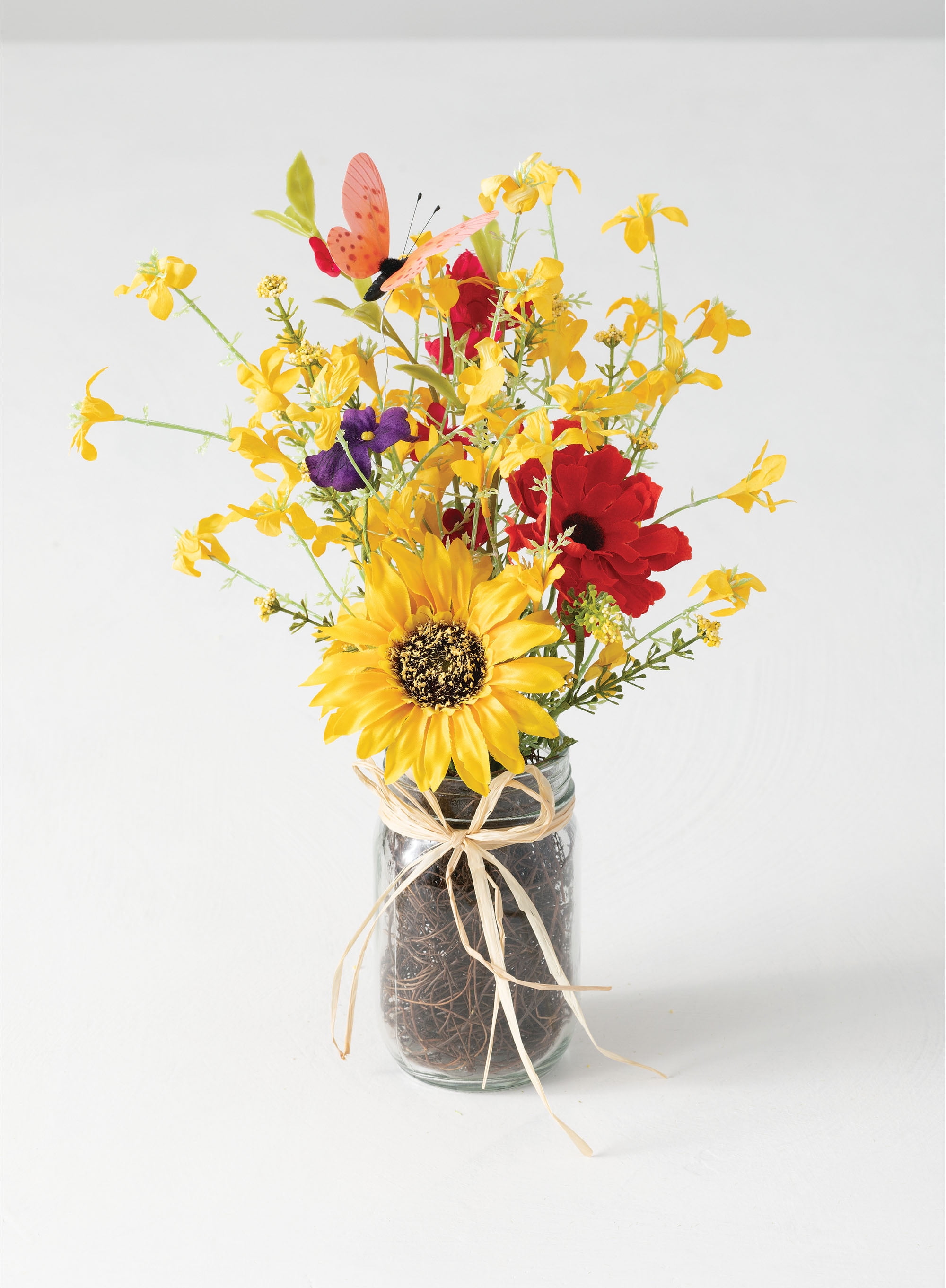 Vibrant Yellow and Red Silk Wildflower Arrangement in Glass Jar